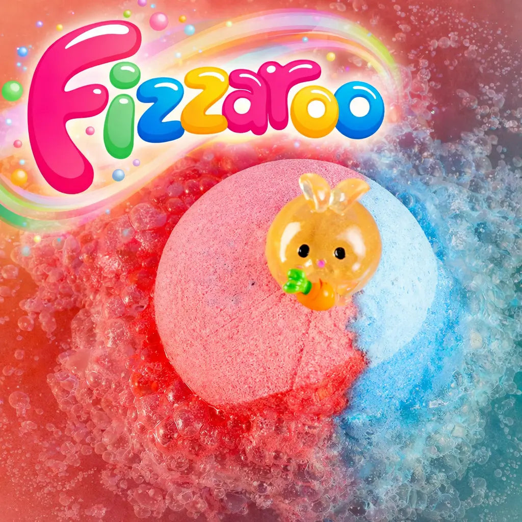 Fizzaroo kids bath bombs fizzing in colorful water with surprise inside
